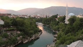 View from the Old bridge in Mostar.The bridge is included to the UNESCO heritage. Sunset video.
