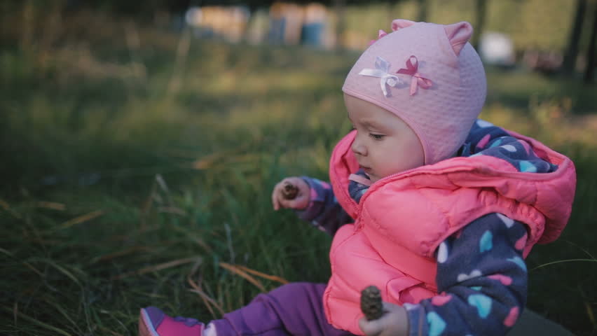 A child sits on a rug on the meadow and playing with fir cones.