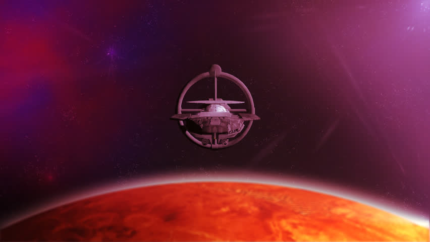 Futuristic spaceship flying over planet, front view