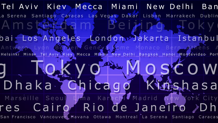 World map with city names seamless loop