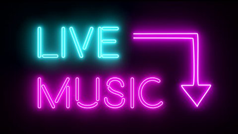 Live music neon sign lights logo text glowing multicolor 4K