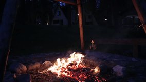 Burning fire in the woods, a picnic, recreation