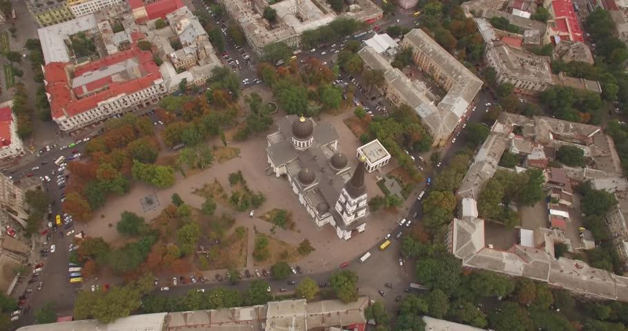 Flying above Odessa city - town on the Black sea. Drone footage. 4K