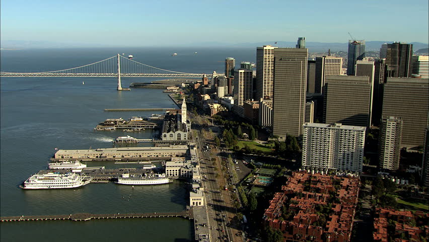 Aerial San Francisco City USA skyscrapers Wharf Bay Bridge