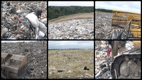 Special machine weighs rubbish and homeless people looking for items in dump. Environmental pollution. Poverty. Montage of video clips collage. Split screen. Black round corner frame. Full HD 1080p.