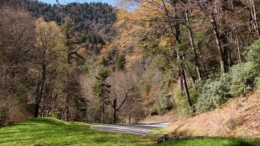 A highway twists and turns through the Great Smoky Mountain National Park in Tennessee in autumn