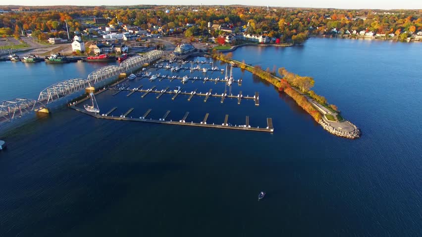 Scenic Aerial View of Sturgeon Bay Bridge, Wisconsin, Waterfront.
