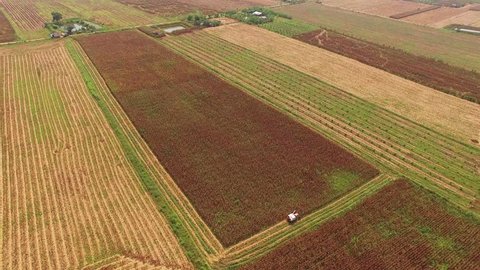 Aerial shots of tractor in field harvesting corn.