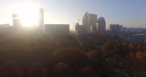 Skyline of The Hague, horizontal pan, early morning, autumn. 
