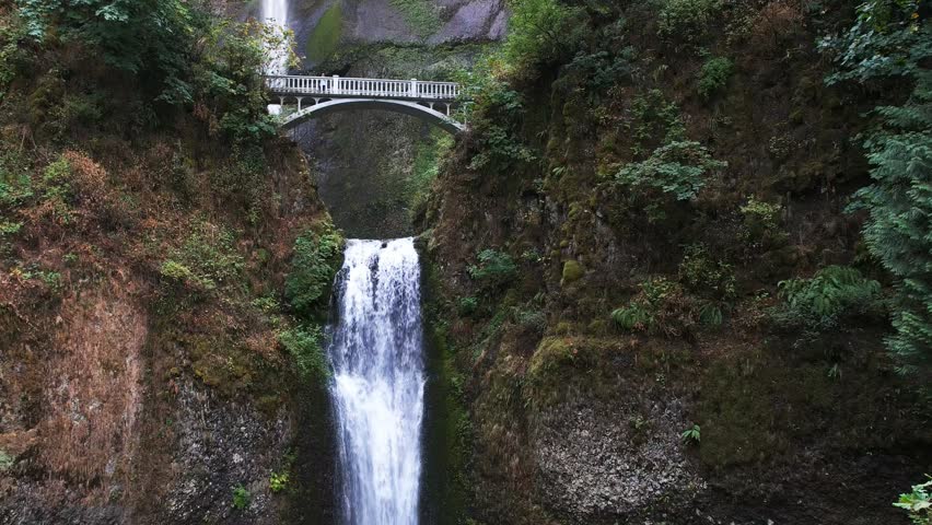 wide down tilt of the lower step of multnomah falls in portland oregon