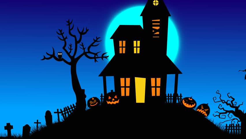 scary night halloween house blue background: стоковое видео (без лицензионн...