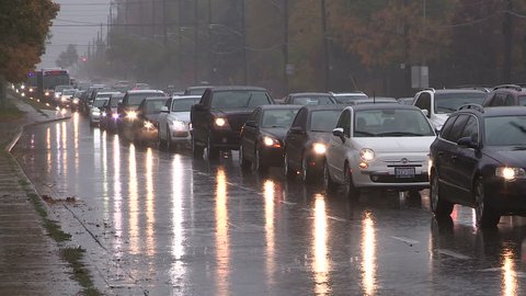 Toronto, Ontario, Canada October 2015 Toronto traffic jam and gridlock in heavy rain storm 