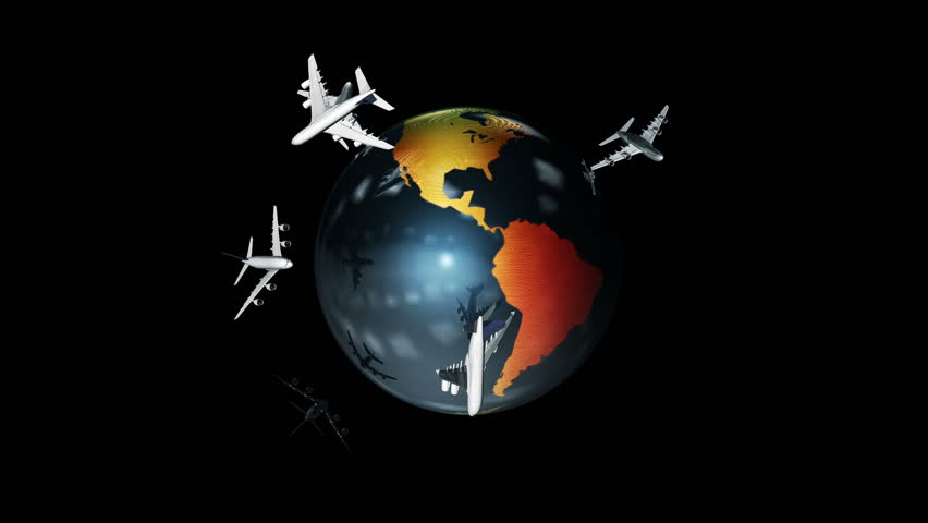 Earth and Air Traffic, black background,Alpha, loop
