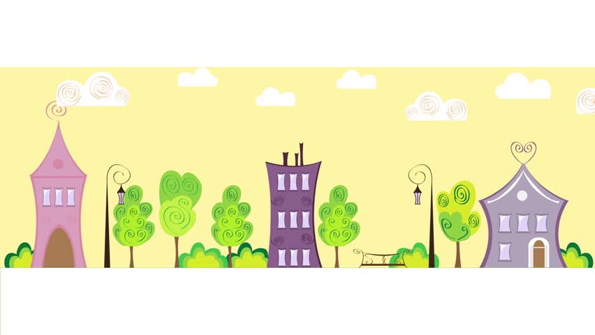 Rainbow in the city. Sunny town, street. Rainbow appears. Houses lined up. Clouds float across the sky. Summer day. Summer city landscape