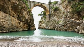 Furore beach under the bridge. comune in the province of Salerno in the Campania region of south-western Italy. Video footage