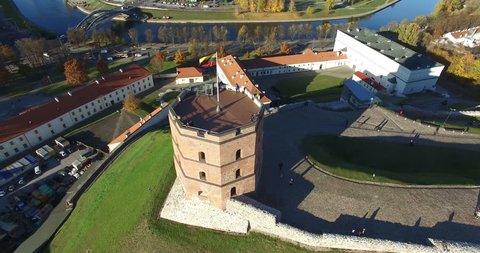 VILNIUS, LITHUANIA - OCTOBER 28 : AERIAL 360 flight around Gediminas castle hill and  Neris river in Vilnius city on October 28, 2015, Vilnius, Lithuania