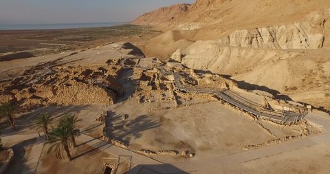 Soaring aerial view above the Dead Sea Scroll caves in Qumran, Israel. Filmed using a DJI Inspire drone.