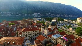 Church of St. Nicholas in Kotor, in Montenegro, Kotor bay with a bird's-eye view. Aerial photography, shooting from above. The old church in Montenegro, in the heart of the old city. Roofs of Kotor