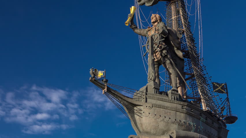 monument to Russian emperor Peter the Great, on background of blue sky. Timelapse hyperlapse day time, Moscow, Russia 4K