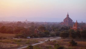 Panoramic clip of Bagan. Myanmar. an ancient. Burmese city and important cultural site. covering a vast. arid plain with thousands of temples and monasteries. Video FullHD
