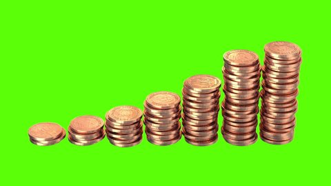 Growing Coins on a Green Background, Realistic 3d render, six animations.