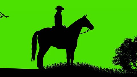 Cowboy on Horse black silhouette on green screen