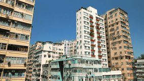 Hong Kong street view. Houses in dense populated area of Kowloon. October 2015. 4K resolution
