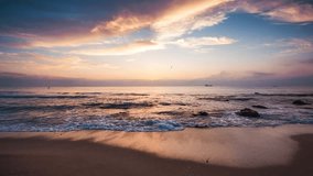 Beautiful sunrise over the lonely beach, video

