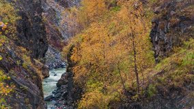 Colorful autumn morning in the Caucasus mountains on the Mulkhra river. Ushguli location, Upper Svaneti, Georgia, Europe. HD video (High Definition). Exported from RAW file.