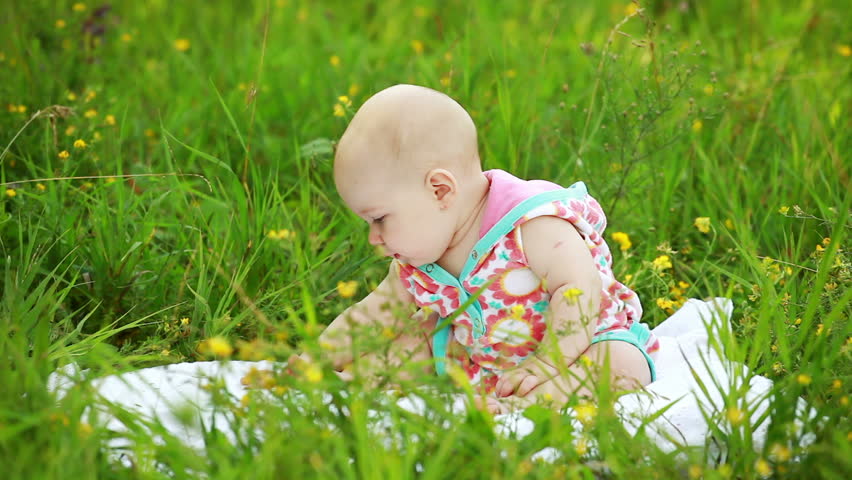 Newborn baby sitting in the meadow 