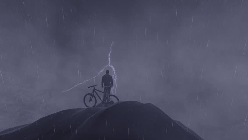 Cyclist on top of the mountain, storm with lightning, camera fly