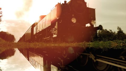 Cinemagraph - historical steam locomotive train passing through reflecting in lake water. nostalgic lens flare background. Motion Photo. : vidéo de stock