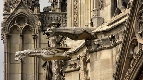 Gargoyles watch over Paris, France from Notre Dame cathedral. Shot in 4K (ultra-high definition (UHD)).