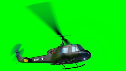Render of helicopter Huey army fly on green screen