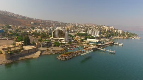 TIBERIAS, ISRAEL - Beautiful 4K aerial view of Sea of Galilee shore on a sunny day. Filmed using a DJI Inspire drone.