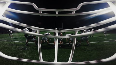 First person point of view from inside a football player's helmet, from the huddle to running a touchdown