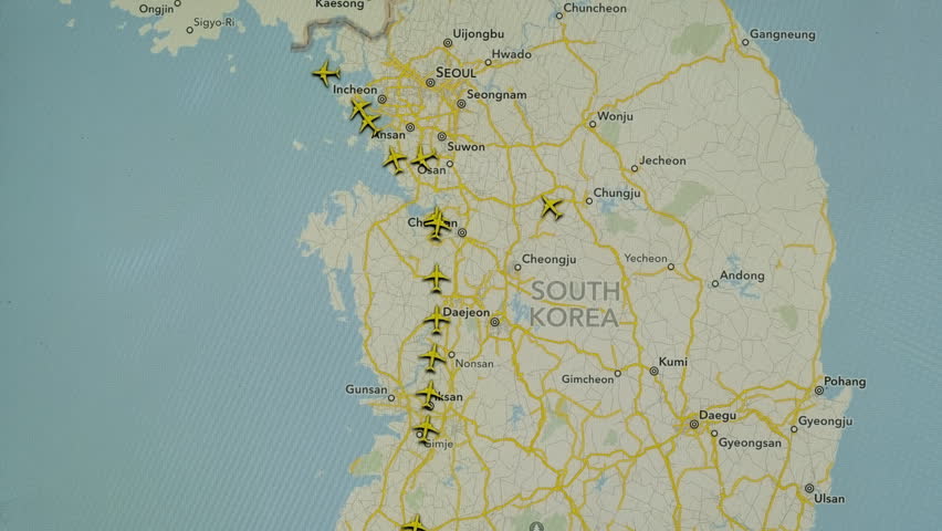 Crowd of airplanes flight, landing and take off above Korea Seol airport. Air traffic controller ATO 4K
