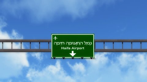 4K Passing under Haifa Israel Airport Highway Sign with Matte 3D Animation Cinema 4K 4096x2304 ultra high definition Editorial animation