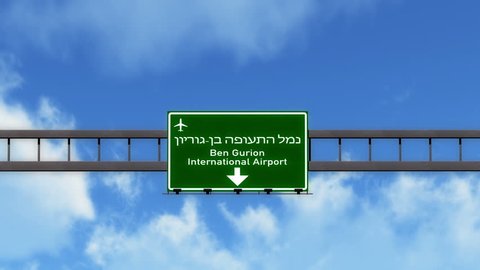 4K Passing Tel Aviv Ben Gurion under Israel Airport Highway Sign with Matte 3D Animation Cinema 4K 4096x2304 ultra high definition Editorial animation