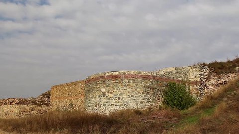 The ruins of the ancient Geto-Dacian settlement Dinogetia located on the right bank of the Danube (time lapse) in Dobrogea, Romania