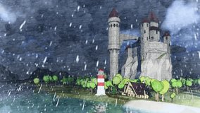 Cartoon. Medieval fairytale castle in the mountain valley landscape with ocean bay. Animated hard rain, storming wind, low clouds, fog. Small lighthouse. Timelaps. 