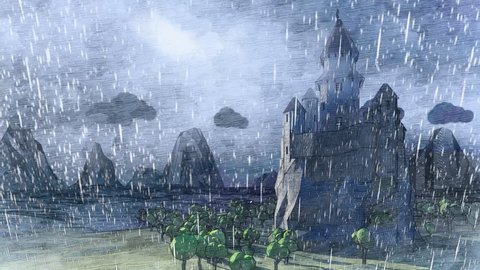 Cartoon. Medieval fairytale castle in the mountain valley landscape with ocean bay. Animated hard rain, storming wind, low clouds, fog. Small lighthouse. Timelaps. 