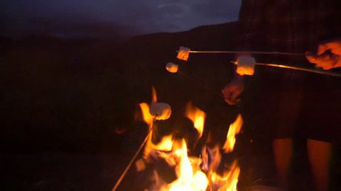 Group roasts marshmallows over fire pan around