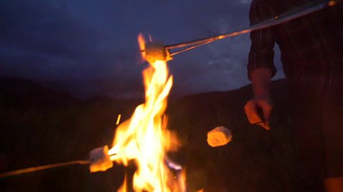 Group roasts marshmallows over fire dolly out