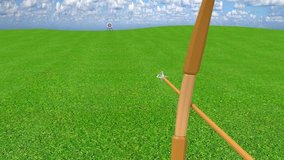 Arrow from an archer accurately hitting center bullseye of target, 3D animation
