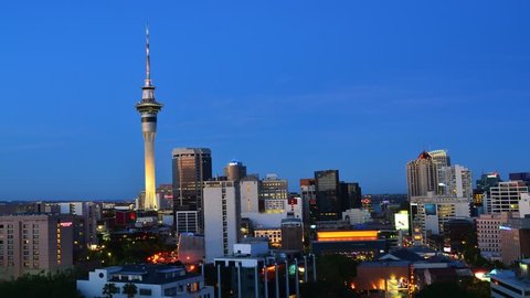 AUCKLAND, NZL - NOV 07 2015:Time lapse of Auckland downtown skyline during sunset.Auckland has been rated one of the world's top 10 cities to visit by travel bible Lonely Planet.