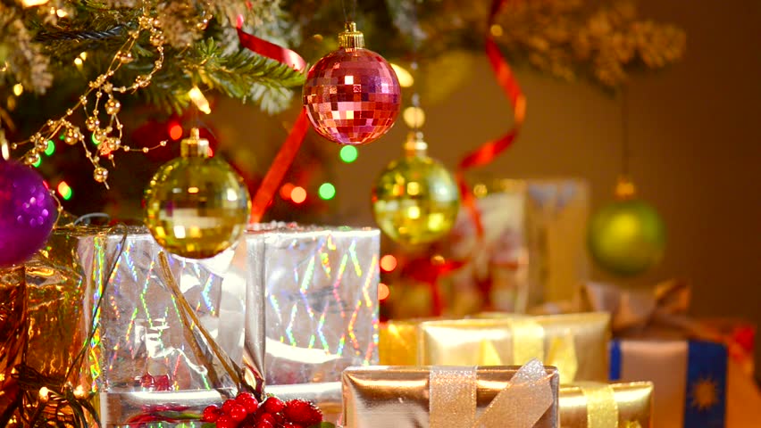 Decorated Christmas Tree with Gifts. Stock Footage Video