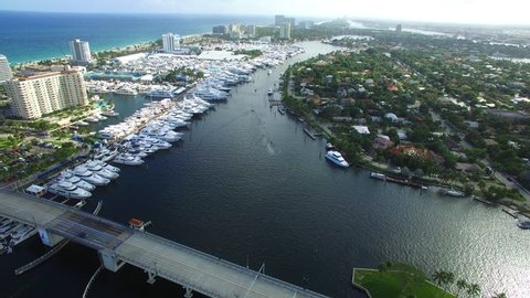 FORT LAUDERDALE - NOVEMBER 4: Aerial drone video of the Fort Lauderdale International Boat Show November 4, 2015 in Fort Lauderdale FL, USA