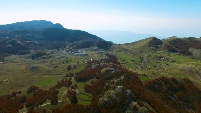 Njegos Mausoleum the tomb of last ruler of Metropolitan of Montenegro Petar II Petrovic-Njegos. Lovcen National Park in Montenegro Aerial. Autumn in the mountains. Telephone tower on a mountain top