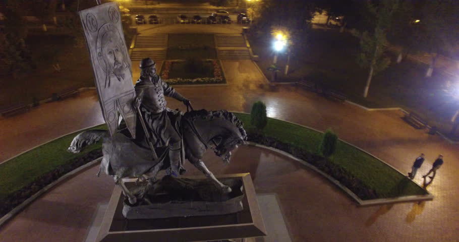 Zasyekin monument in Samara at night. Aerial view